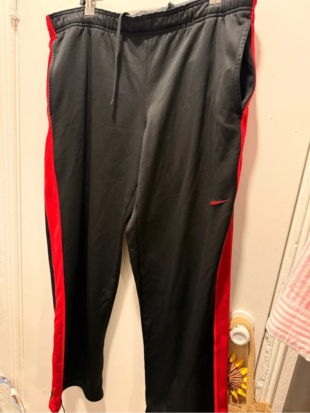 NIKE  Men's Black Track Pants with Red Side Panels